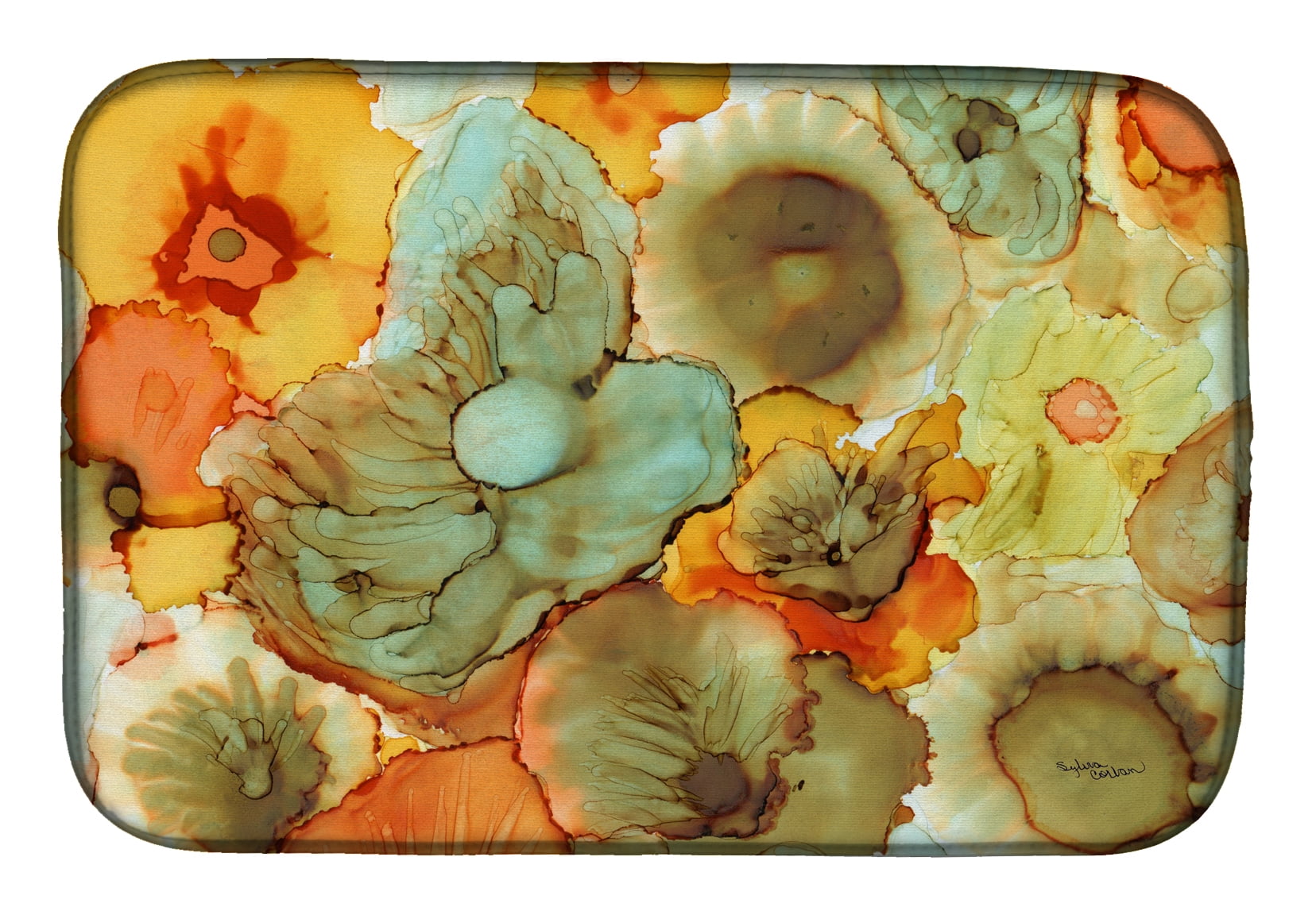 Abstract Flowers Teal & orange Dish Drying Mat