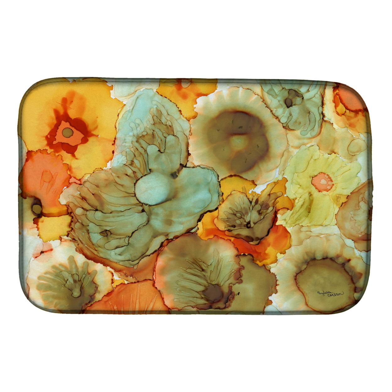 8969DDM Abstract Flowers Teal & Orange Dish Drying Mat