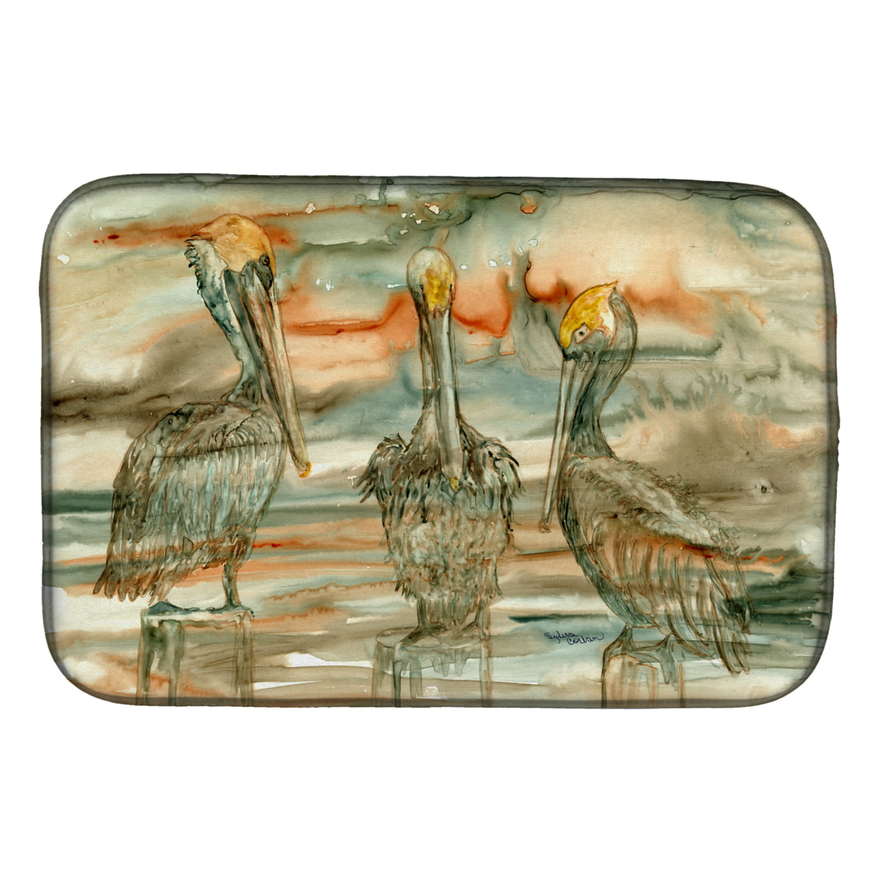 Pelicans on their Perch Abstract Dish Drying Mat