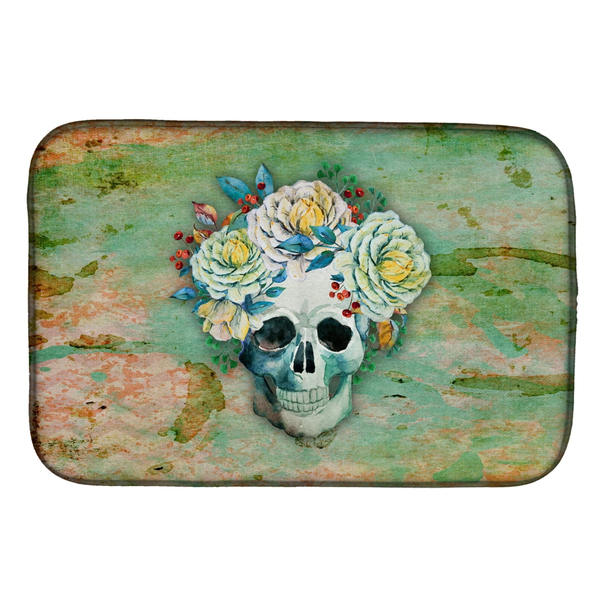 Day of the Dead Skull With Flowers Dish Drying Mat