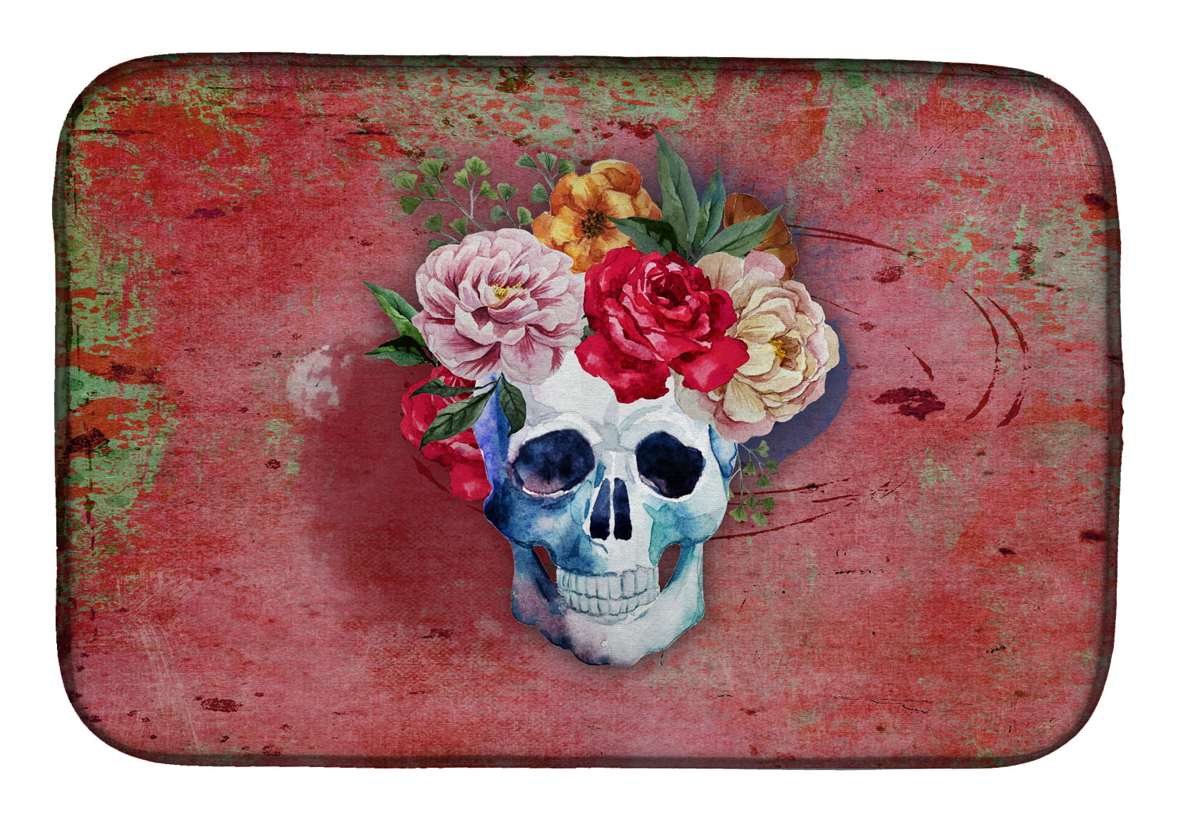 BB5130DDM Day of the Dead Red Flowers Skull Dish Drying Mat