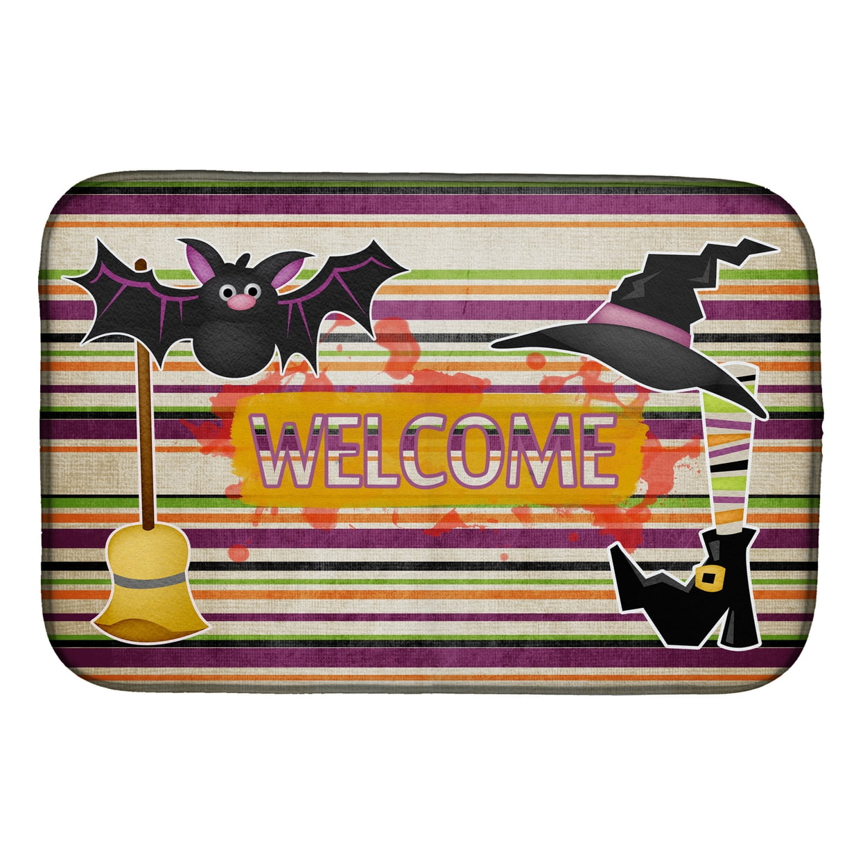 Picture of Carolines Treasures SB3010DDM Witch Costume & Broom on Stripes Halloween Dish Drying Mat