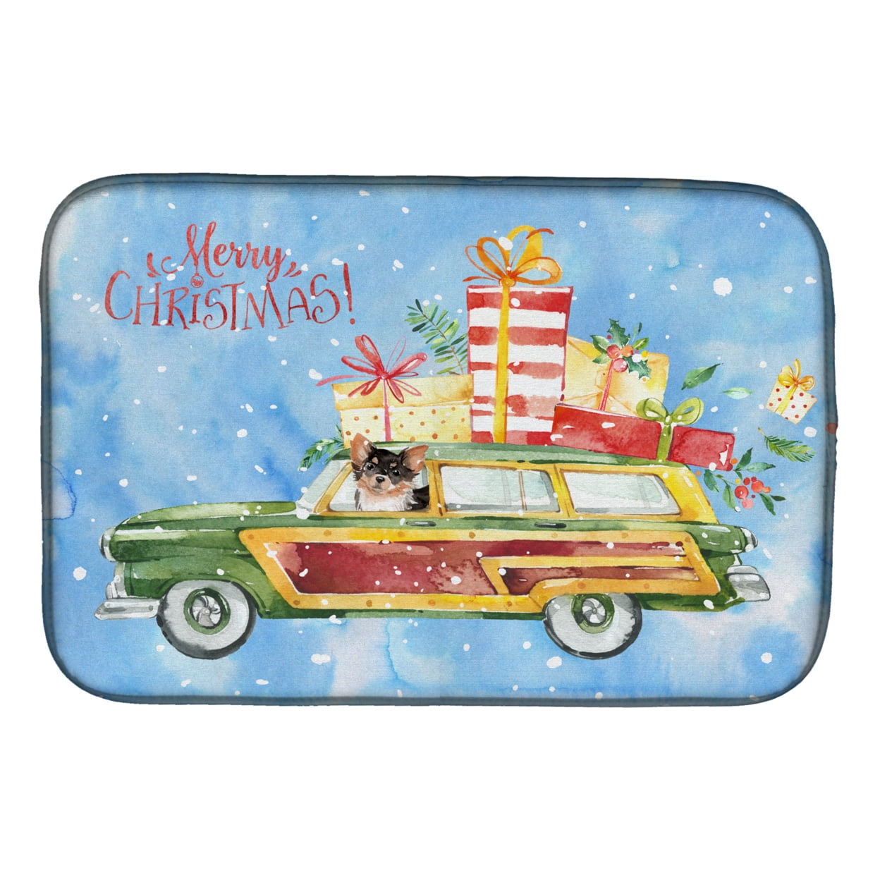 Merry Christmas Long Haired Chihuahua Dish Drying Mat