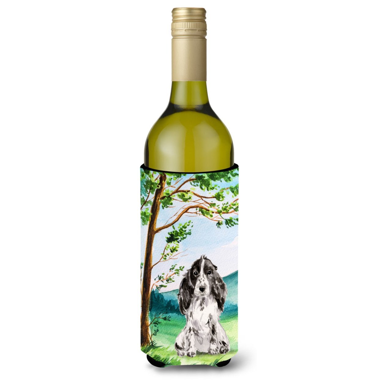 Picture of Carolines Treasures CK2017LITERK Under the Tree Black Parti Cocker Spaniel Wine Bottle Beverage Insulator Hugger