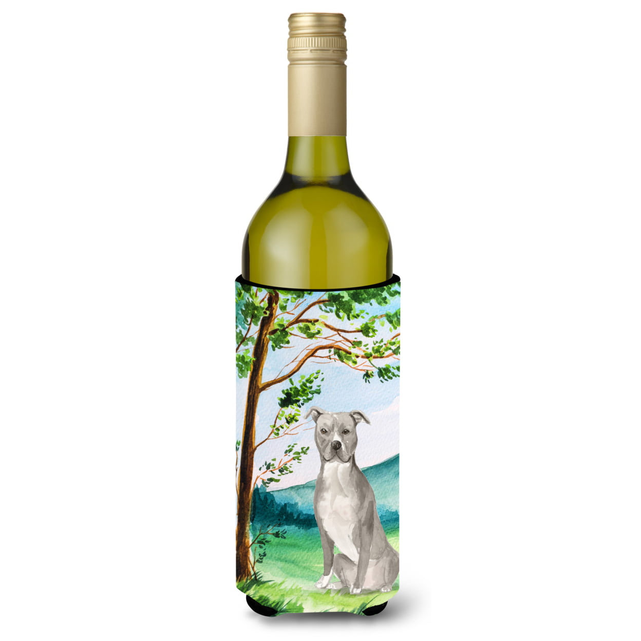 Picture of Carolines Treasures CK2032LITERK Under the Tree Staffordshire Bull Terrier Wine Bottle Beverage Insulator Hugger