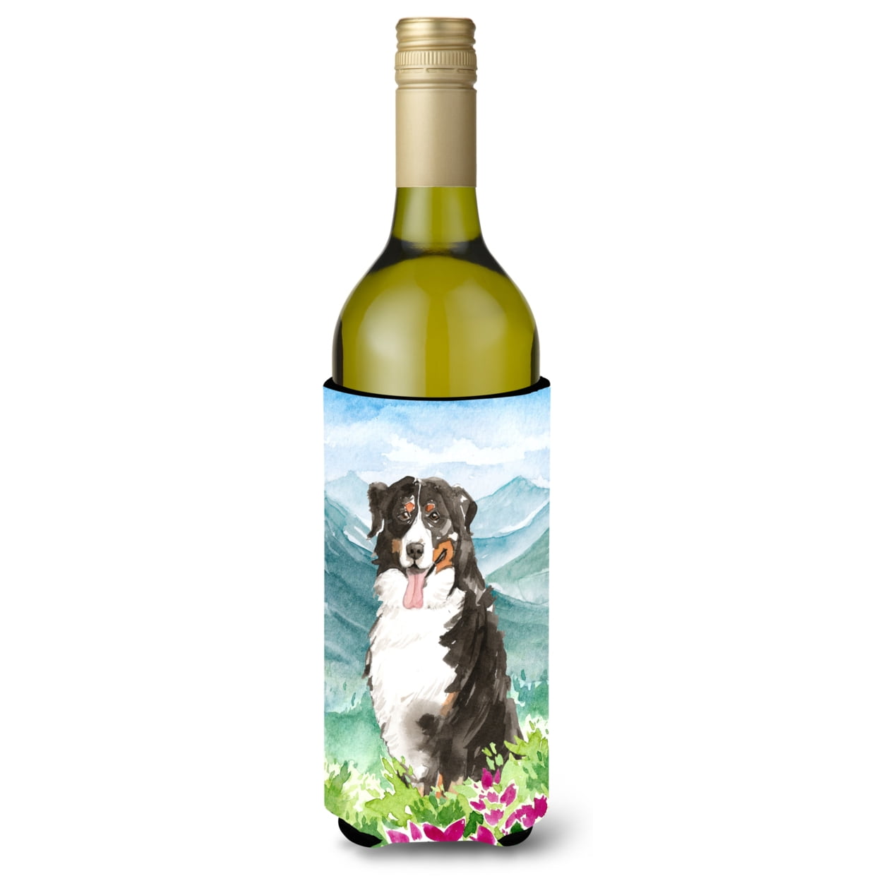 Picture of Carolines Treasures CK2547LITERK Mountain Flowers Bernese Mountain Dog Wine Bottle Beverage Insulator Hugger