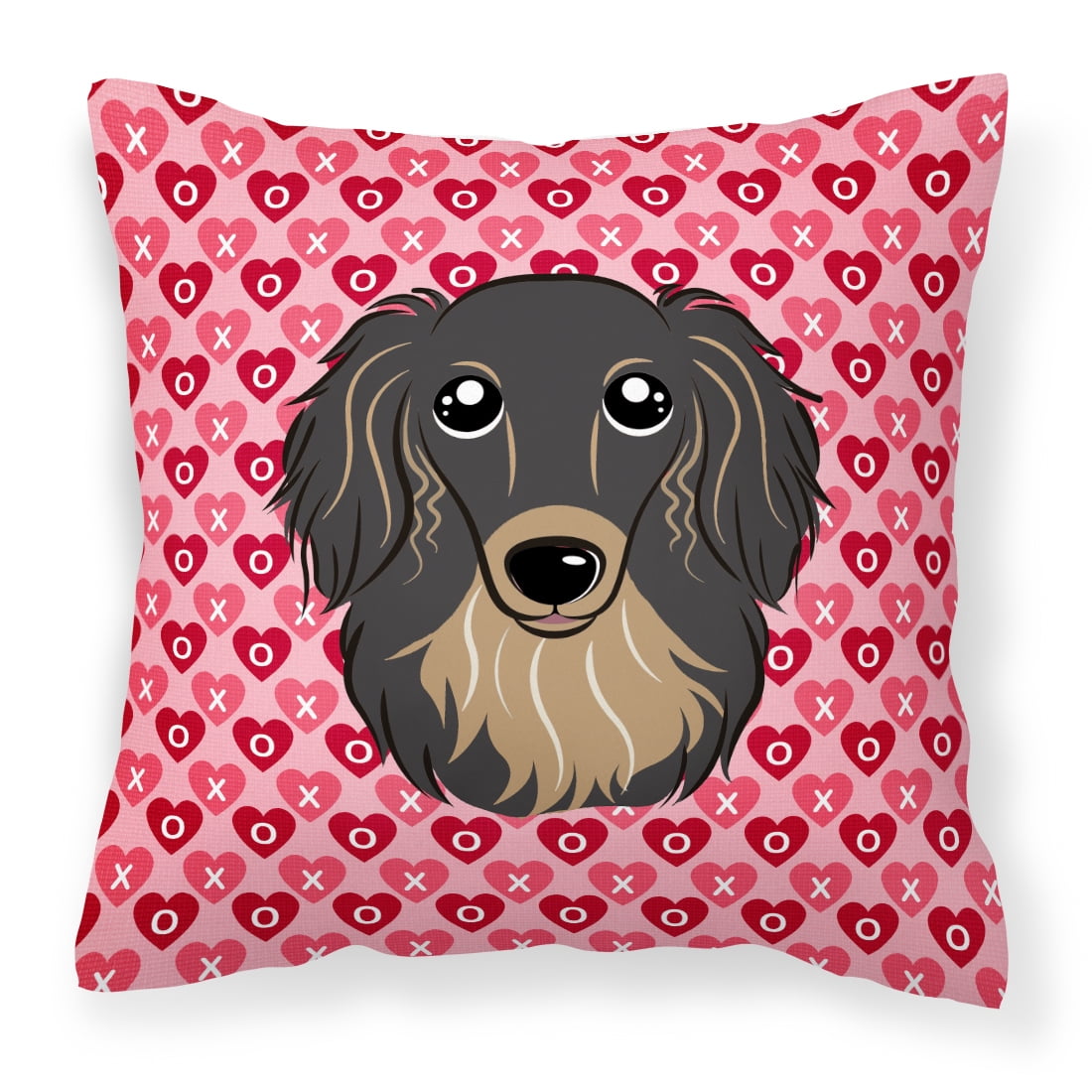 Longhair Black & Tan Dachshund Hearts Fabric Decorative Pillow