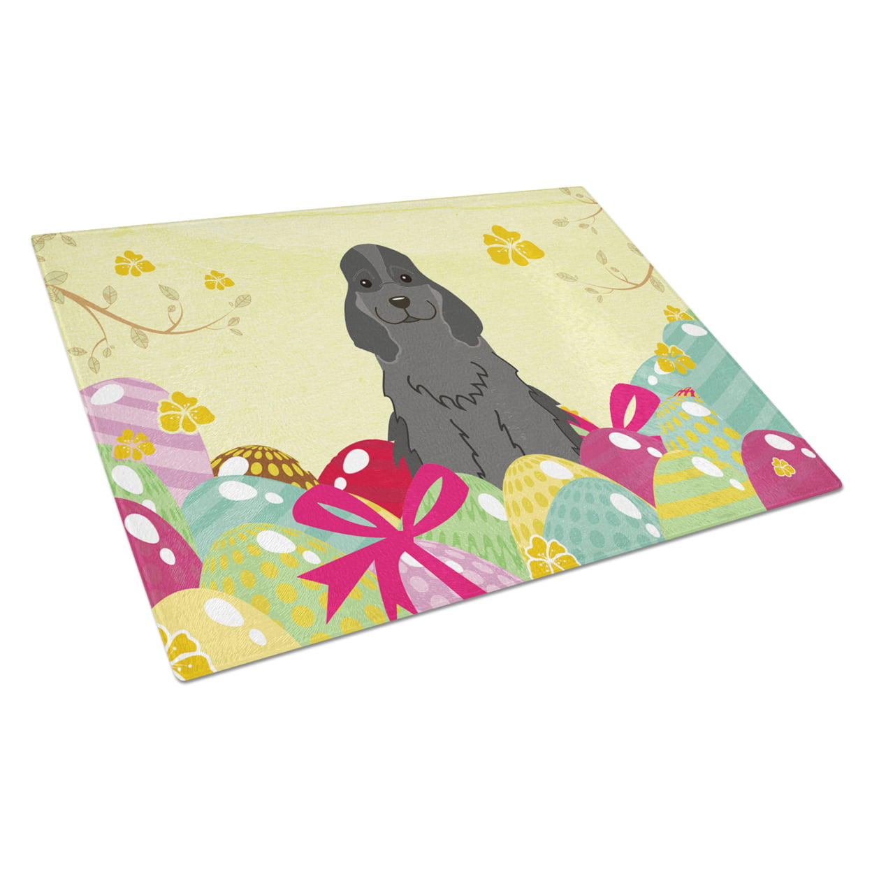 Easter Eggs Cocker Spaniel Black Glass Cutting Board - Large