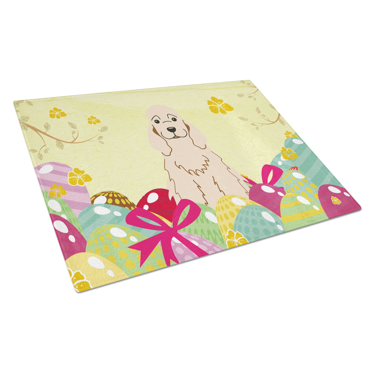 Easter Eggs Cocker Spaniel Buff Glass Cutting Board - Large