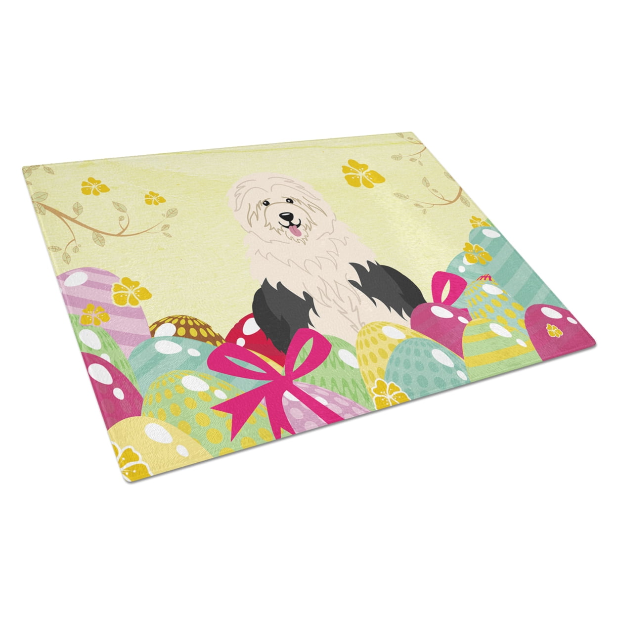 BB6096LCB Easter Eggs Old English Sheepdog Glass Cutting Board - Large