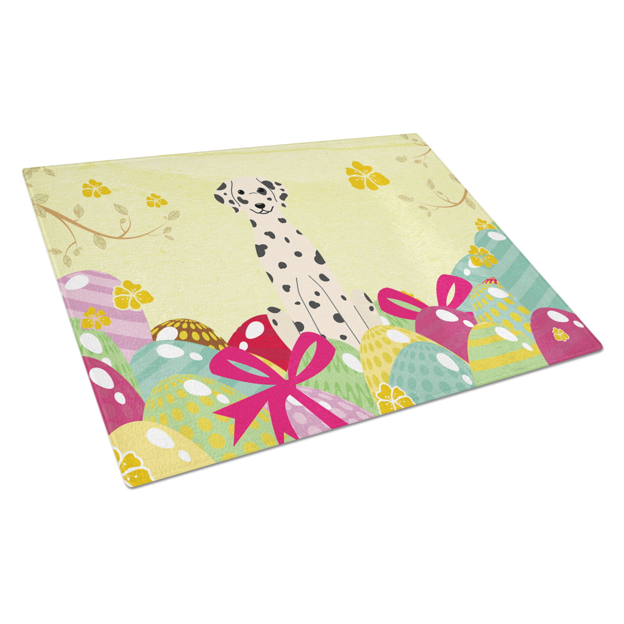BB6097LCB Easter Eggs Dalmatian Glass Cutting Board - Large