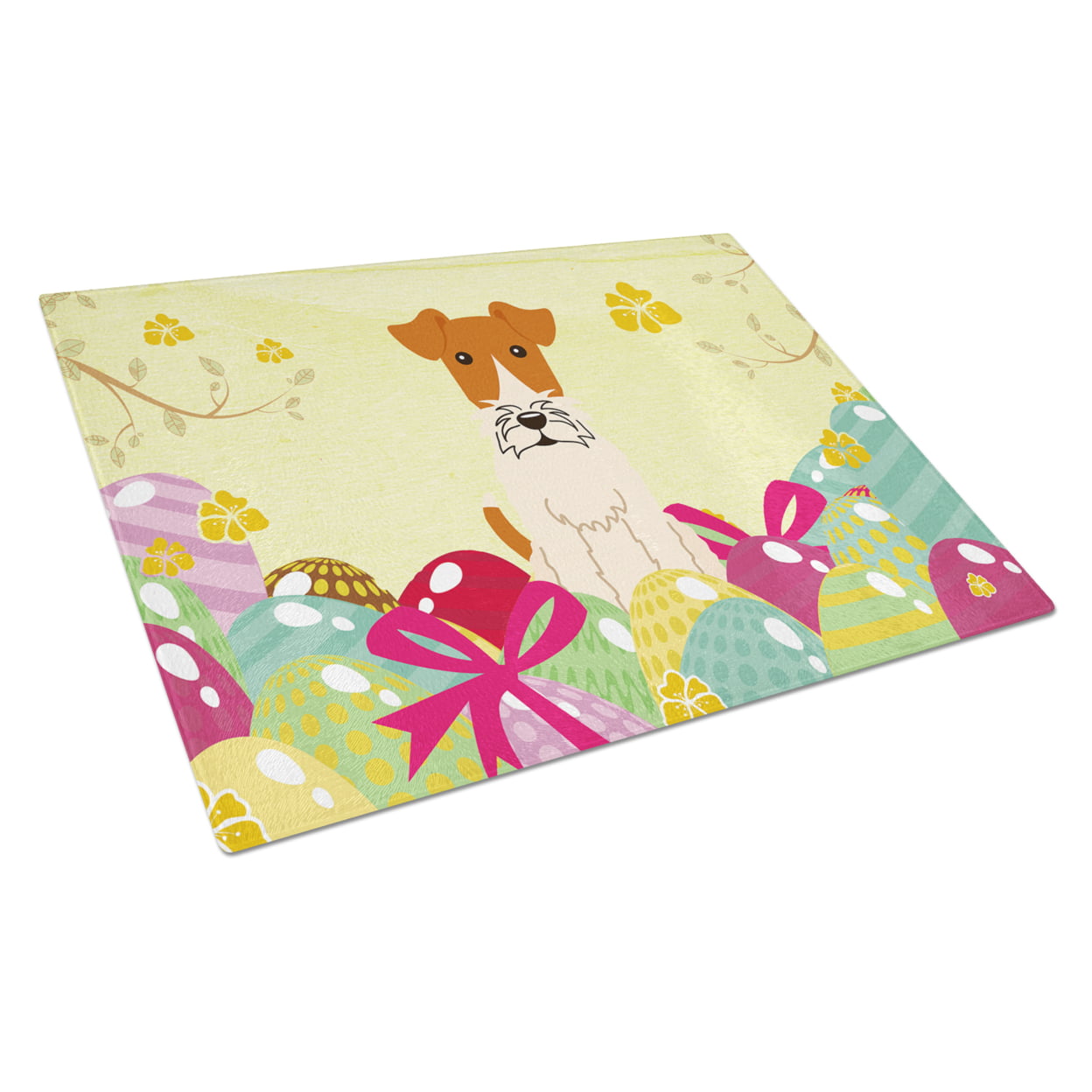 Easter Eggs Wire Fox Terrier Glass Cutting Board - Large