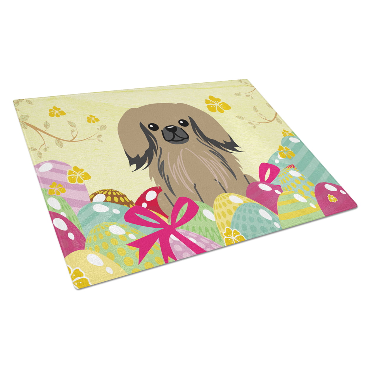 BB6102LCB Easter Eggs Pekingnese Tan Glass Cutting Board - Large
