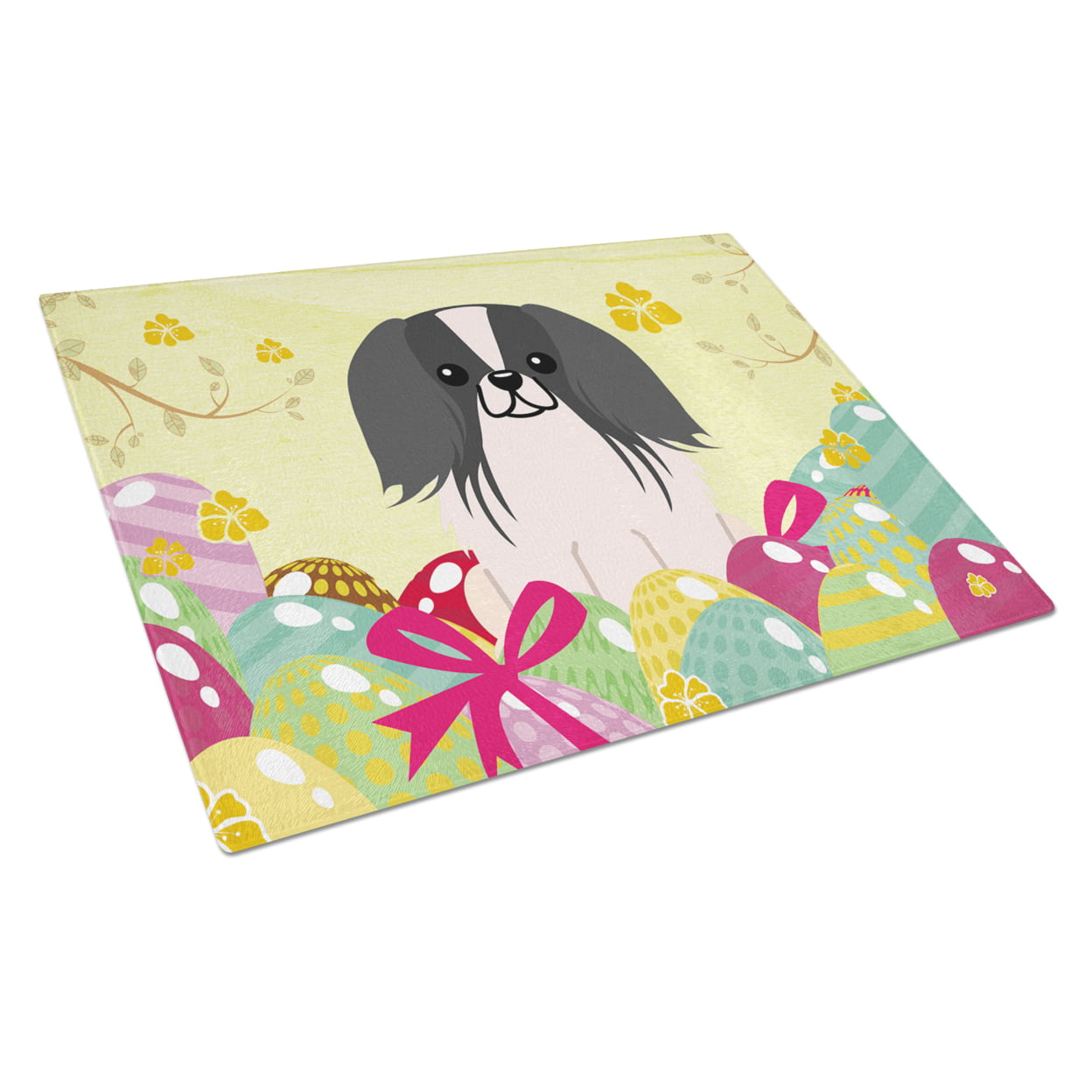 BB6105LCB Easter Eggs Pekingnese Black & White Glass Cutting Board - Large