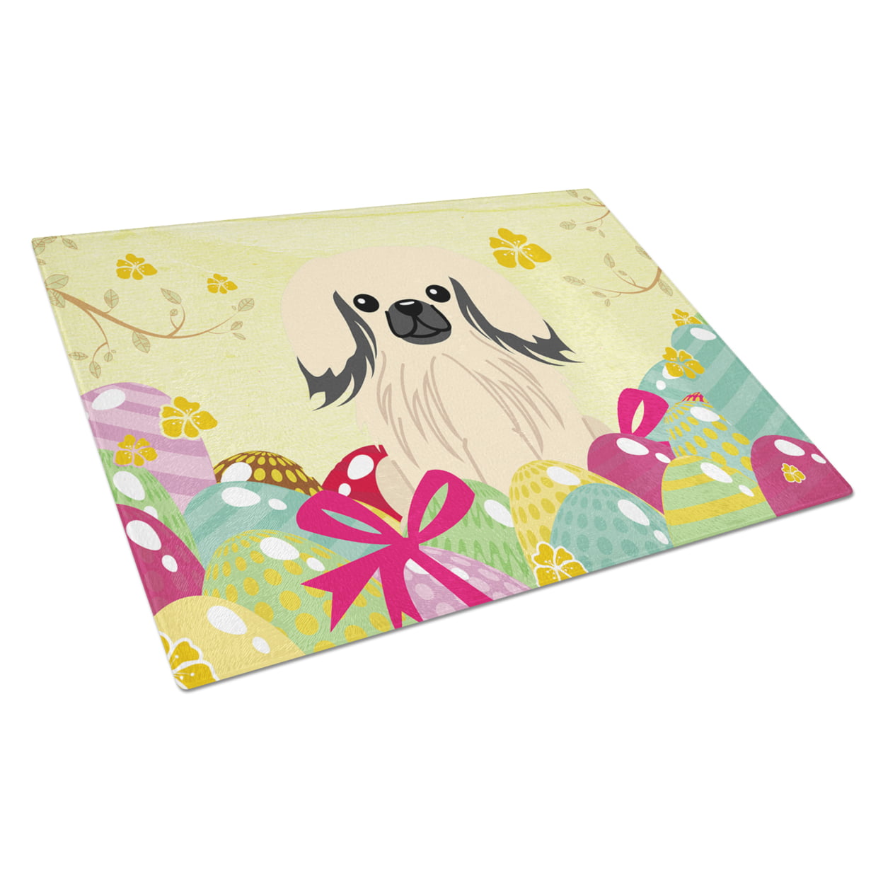 BB6106LCB Easter Eggs Pekingnese Cream Glass Cutting Board - Large