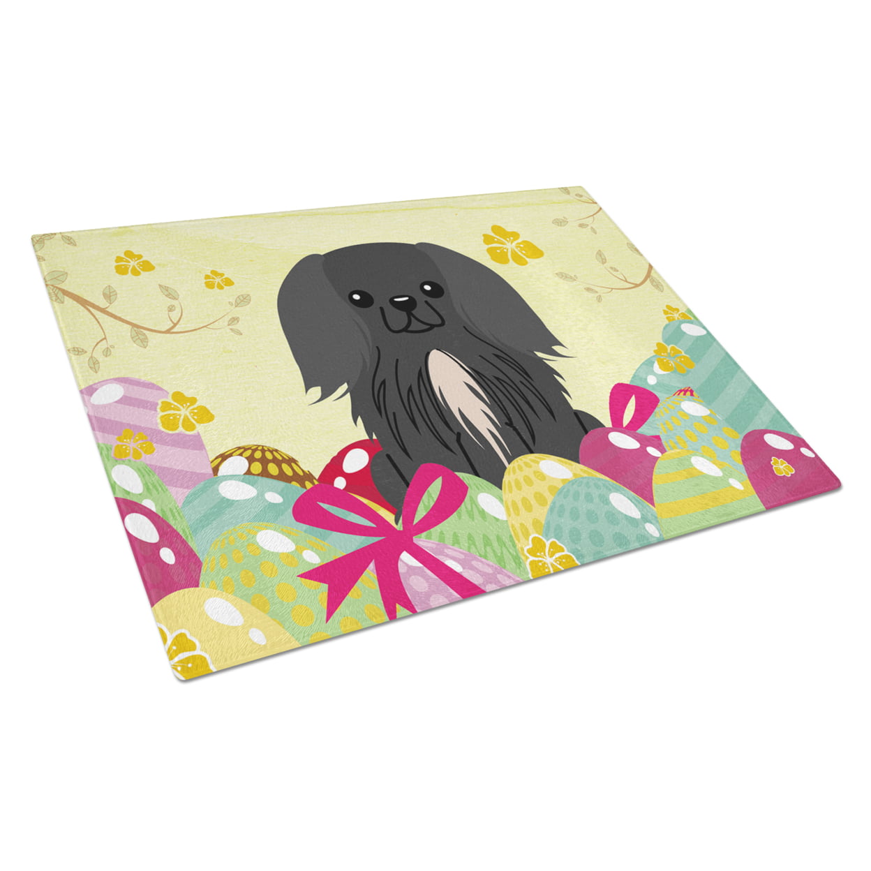 Easter Eggs Pekingnese Black Glass Cutting Board - Large