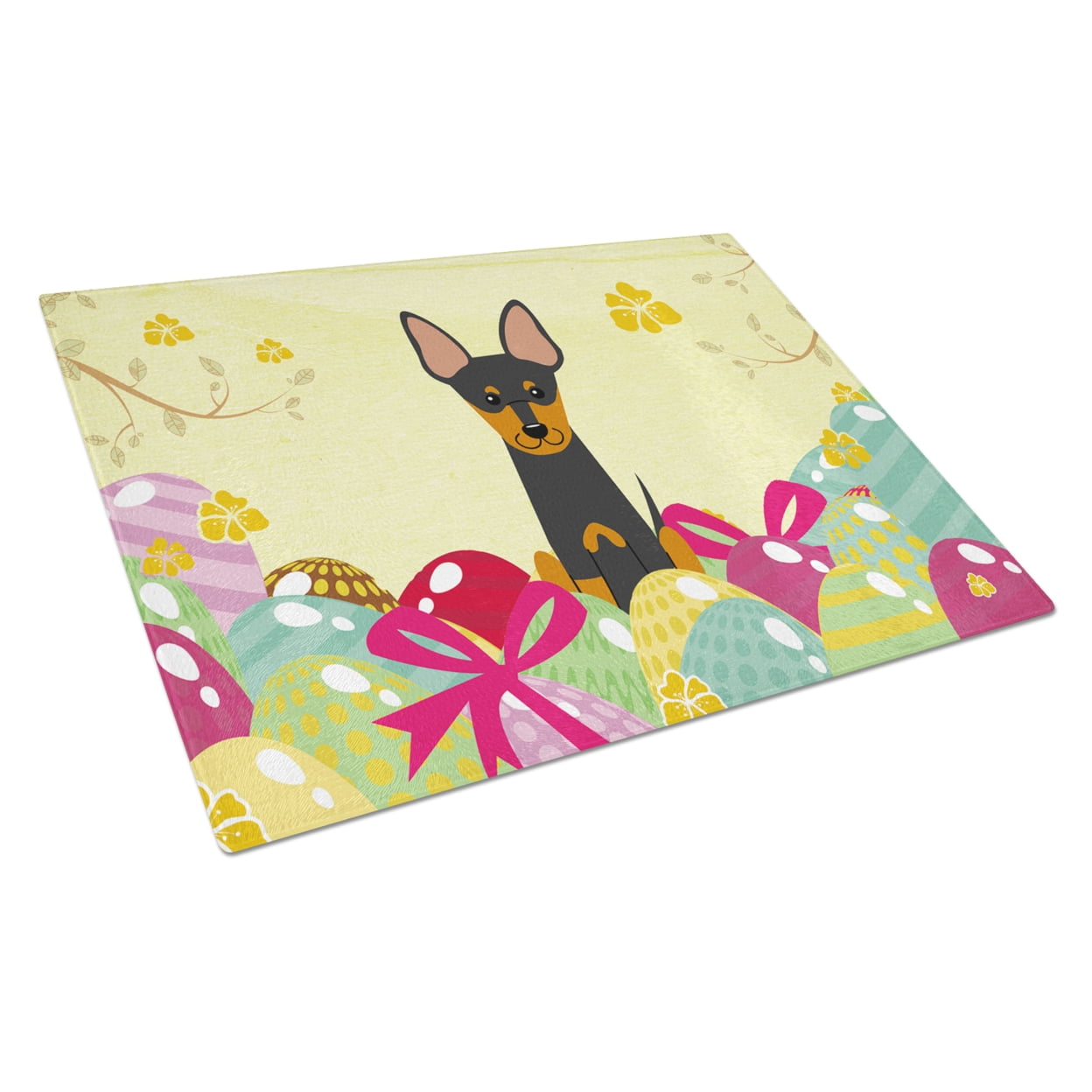 BB6109LCB Easter Eggs English Toy Terrier Glass Cutting Board - Large