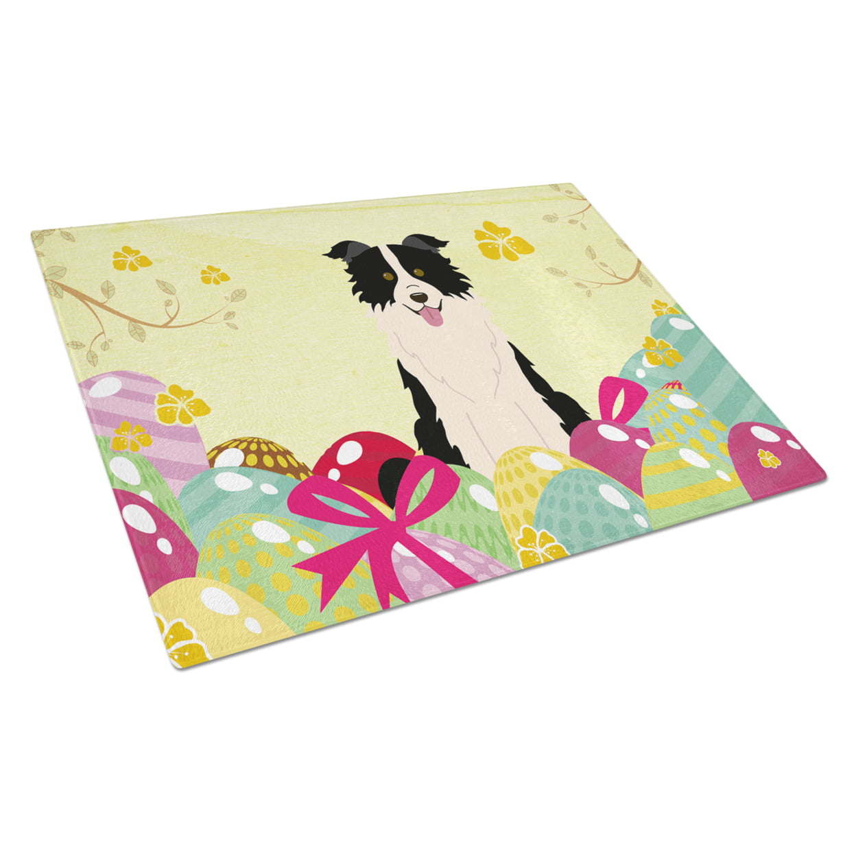 Easter Eggs Border Collie Black & White Glass Cutting Board - Large