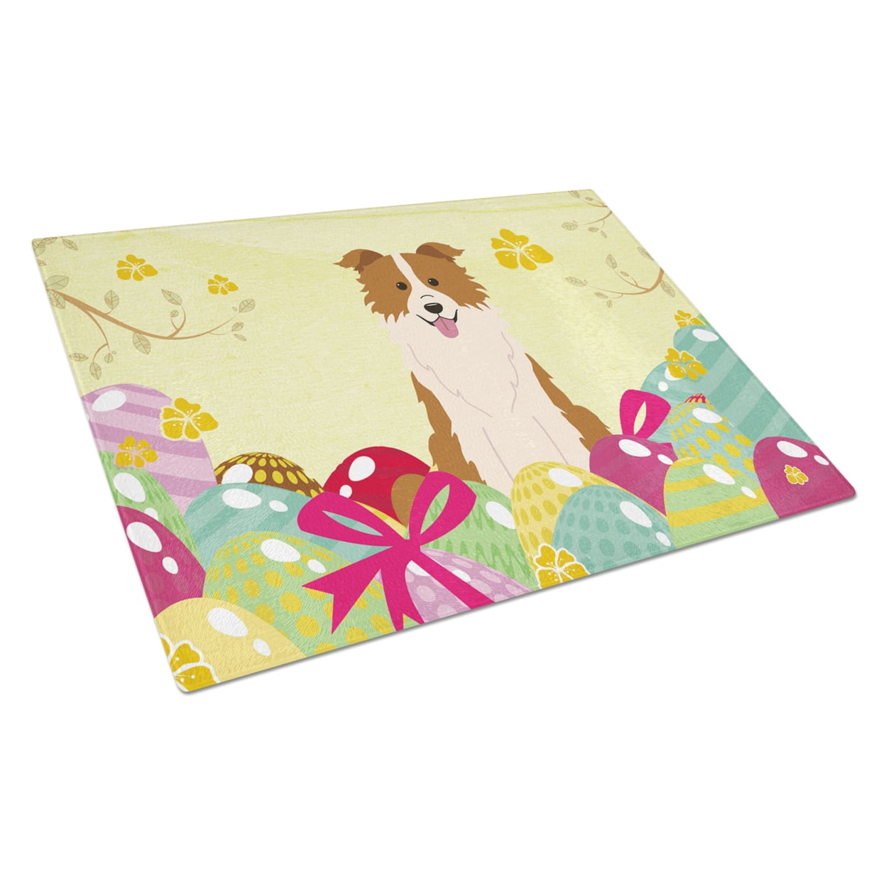 Easter Eggs Border Collie Red White Glass Cutting Board - Large