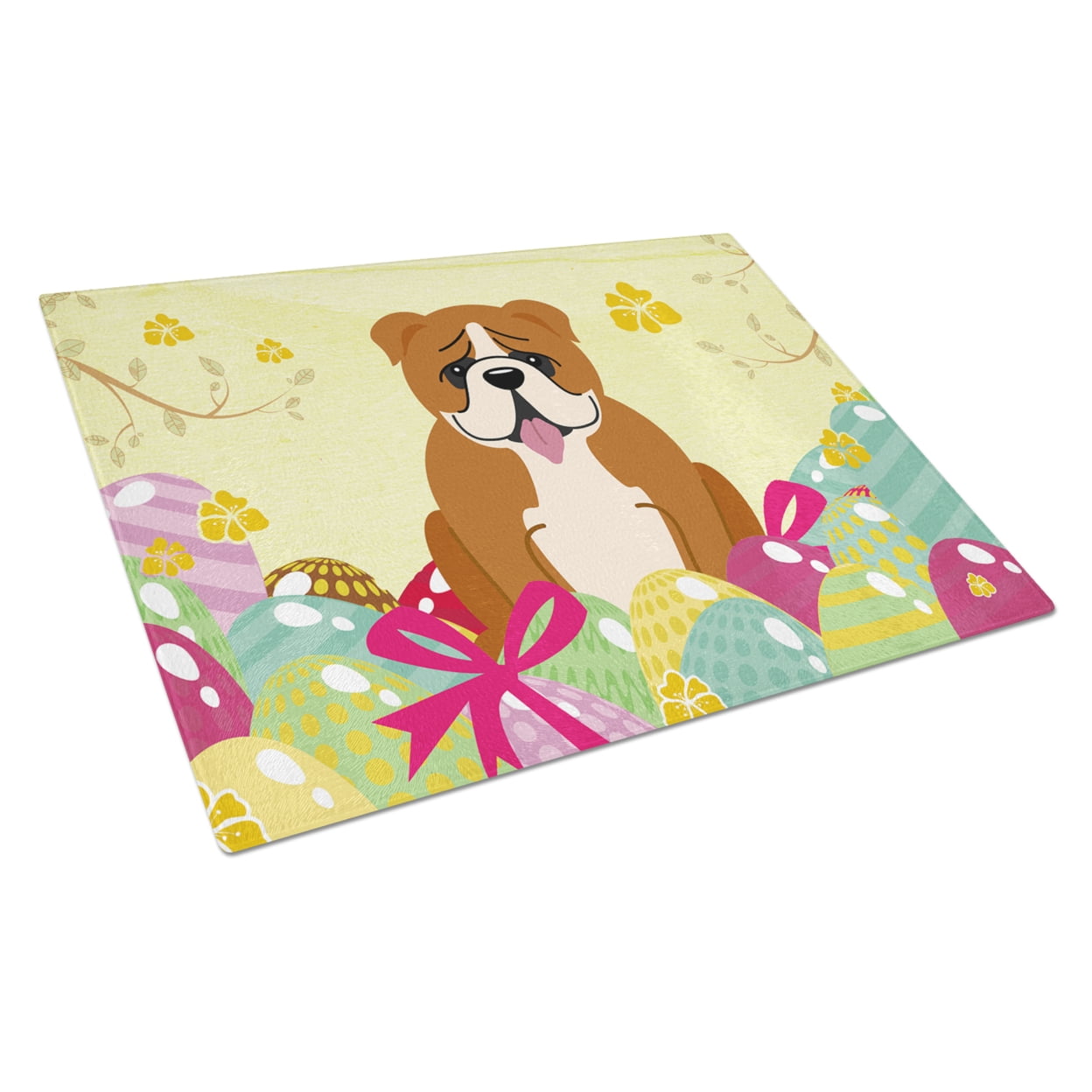 Easter Eggs English Bulldog Red White Glass Cutting Board - Large
