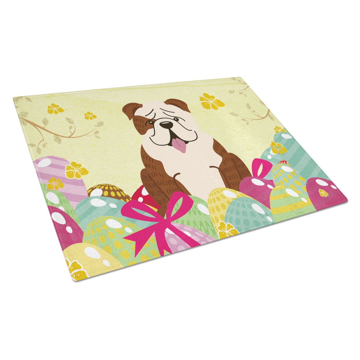 BB6121LCB Easter Eggs English Bulldog Brindle White Glass Cutting Board - Large