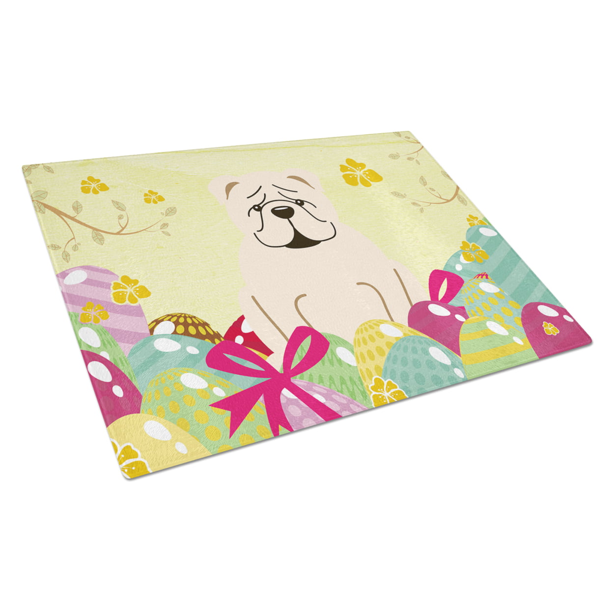 Easter Eggs English Bulldog White Glass Cutting Board - Large