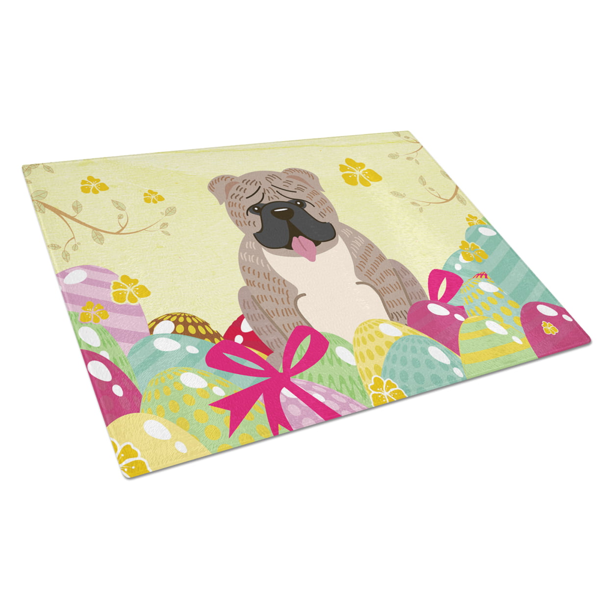 BB6126LCB Easter Eggs English Bulldog Grey Brindle Glass Cutting Board - Large