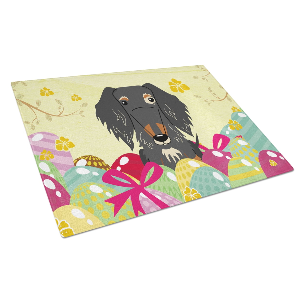 Easter Eggs Wire Haired Dachshund Dapple Glass Cutting Board - Large