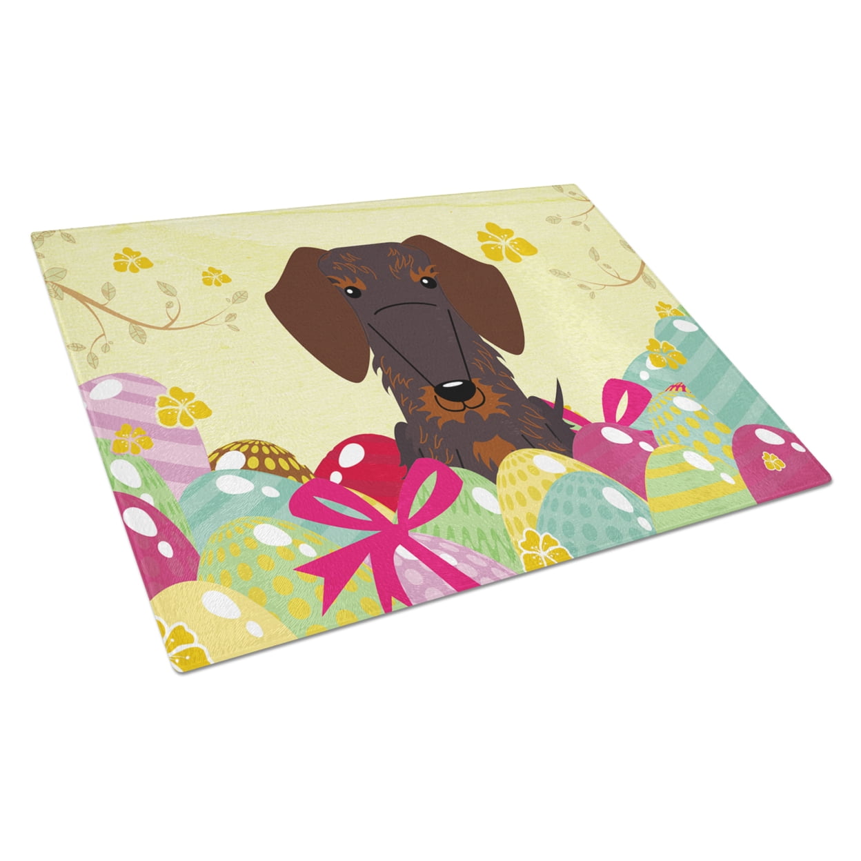 BB6129LCB Easter Eggs Wire Haired Dachshund Chocolate Glass Cutting Board - Large