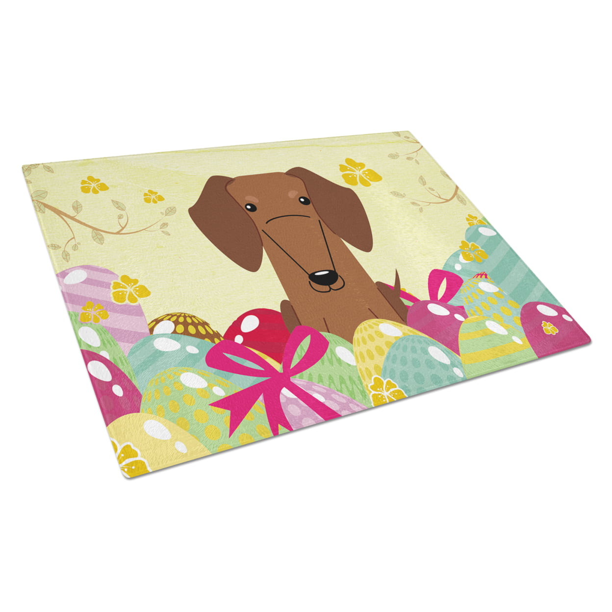 Easter Eggs Dachshund Red Brown Glass Cutting Board - Large