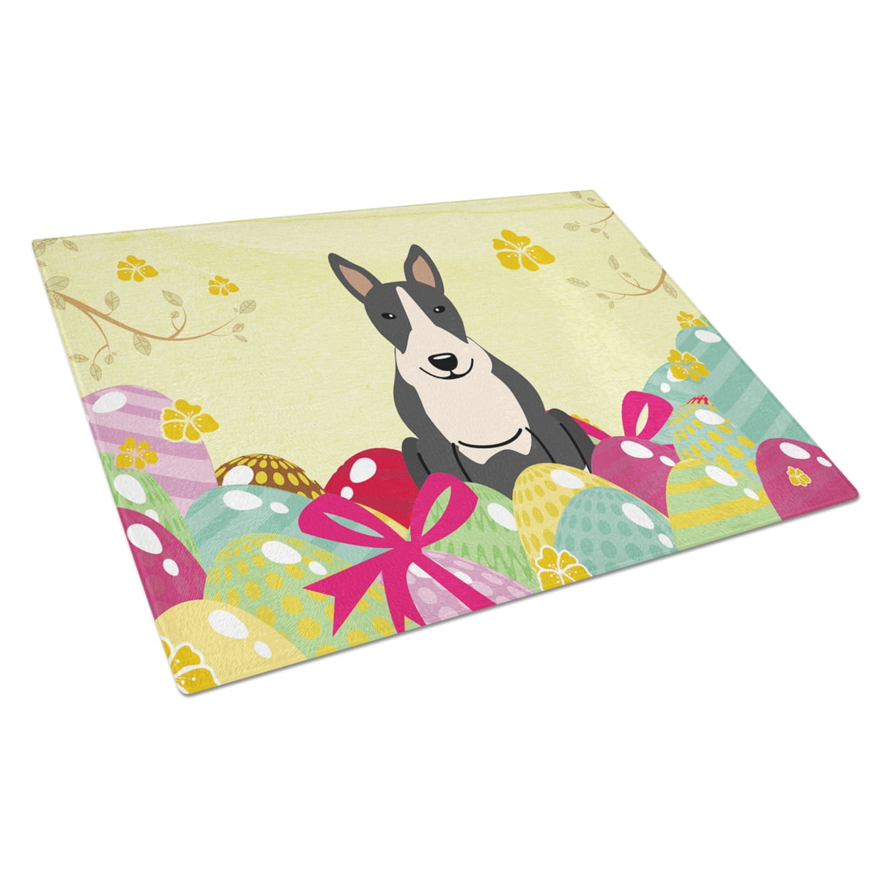 Easter Eggs Bull Terrier Black & White Glass Cutting Board - Large