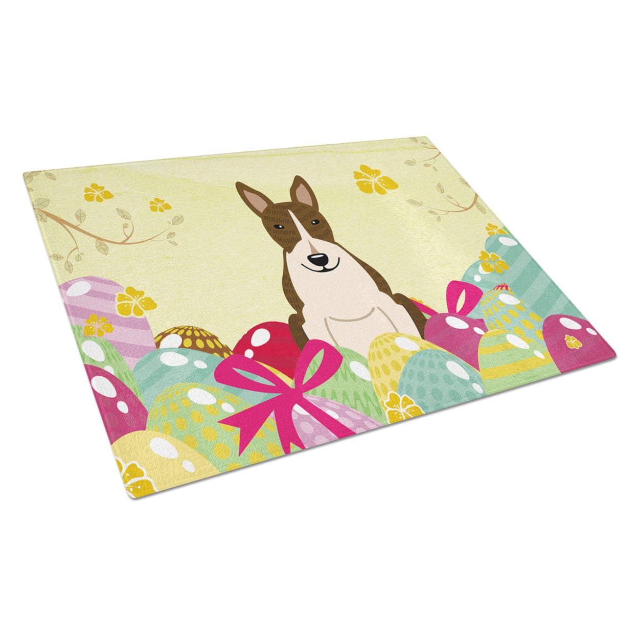 Picture of Carolines Treasures BB6136LCB Easter Eggs Bull Terrier Dark Brindle Glass Cutting Board - Large
