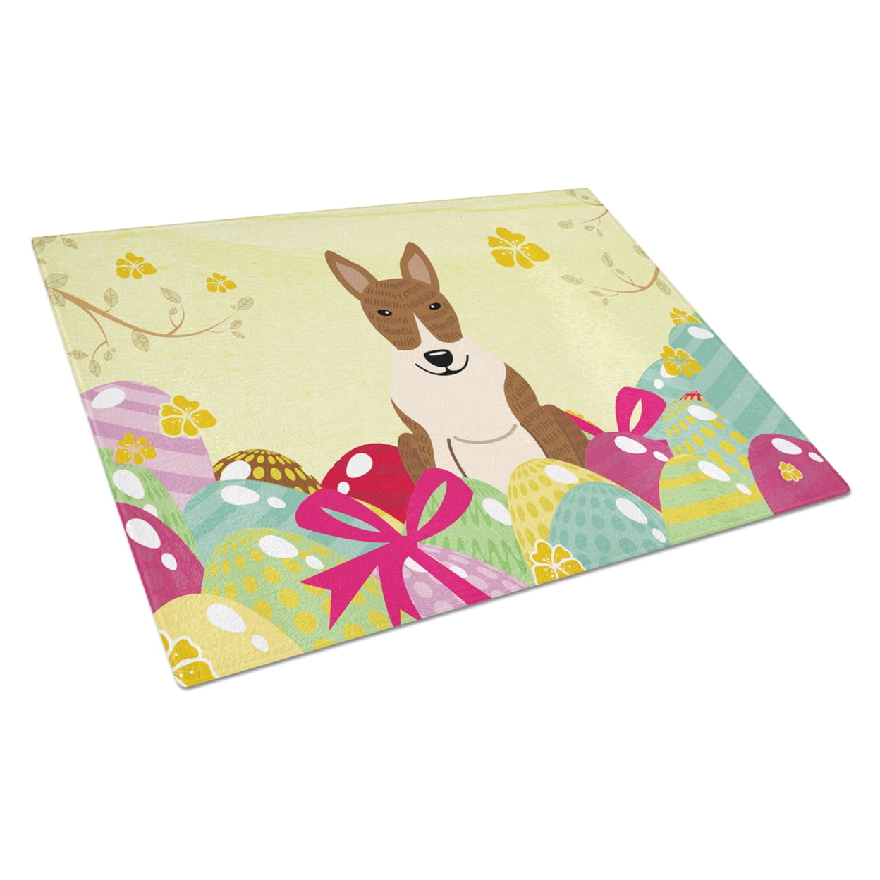 Easter Eggs Bull Terrier Brindle Glass Cutting Board - Large