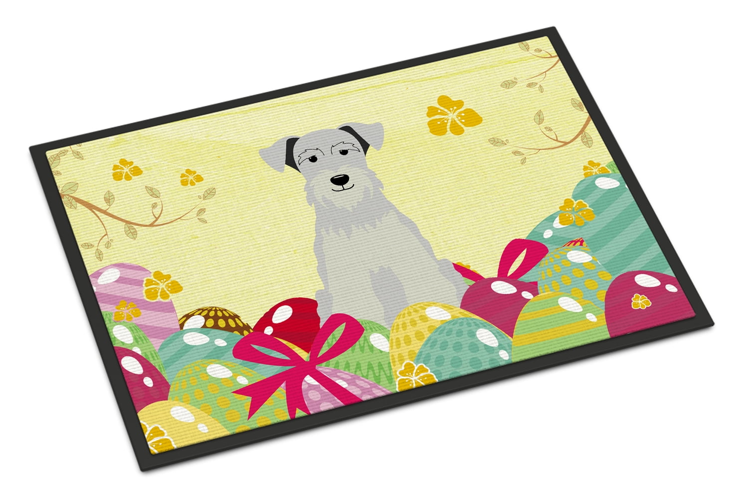 18 x 27 in. Easter Eggs Miniature Schanuzer White Indoor or Outdoor Mat