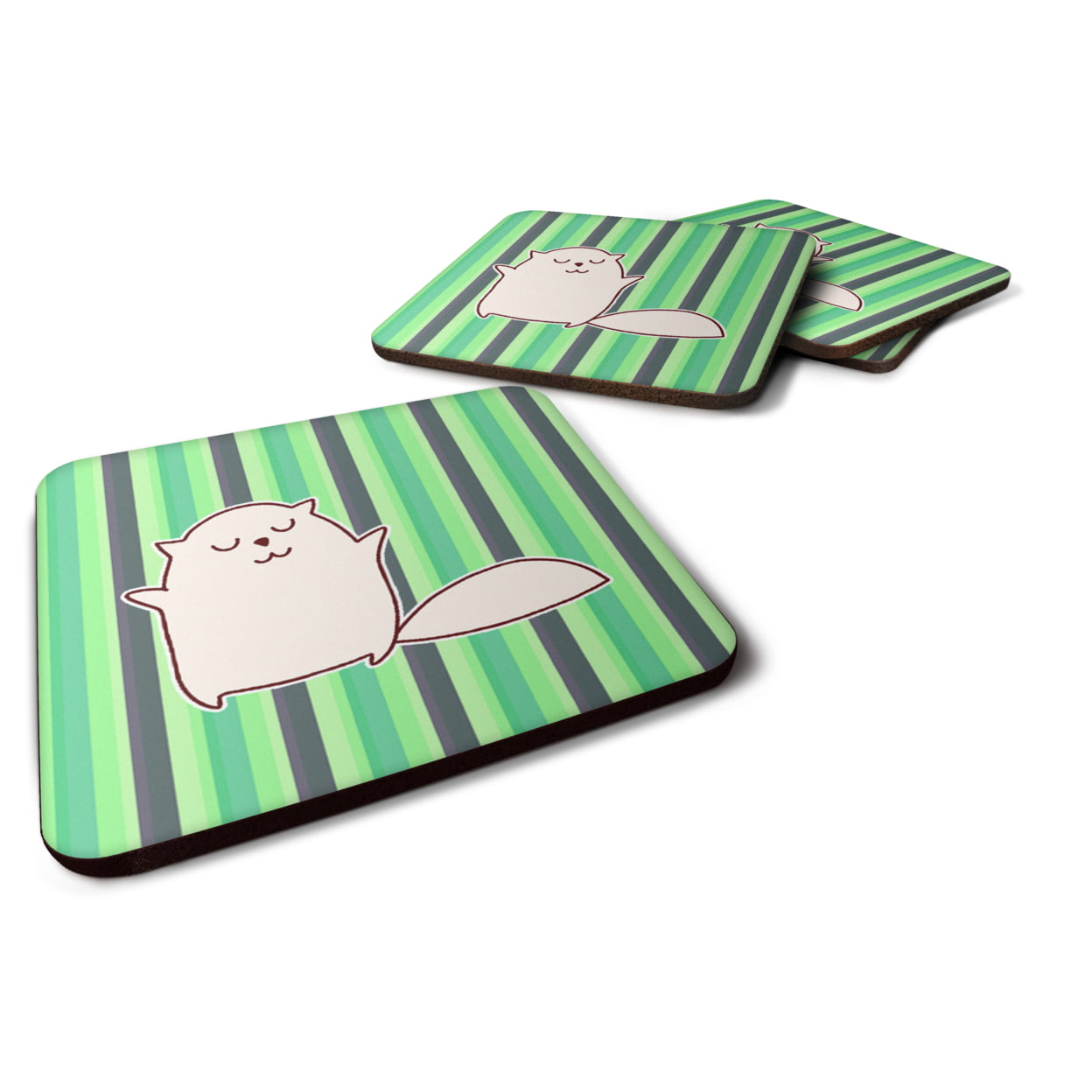 Cat Green Stripes Foam Coasters - Set of 4
