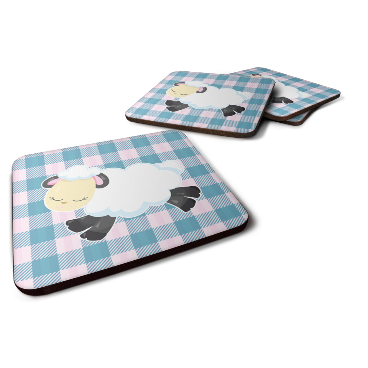 Sheep on Blue Gingham Foam Coasters - Set of 4