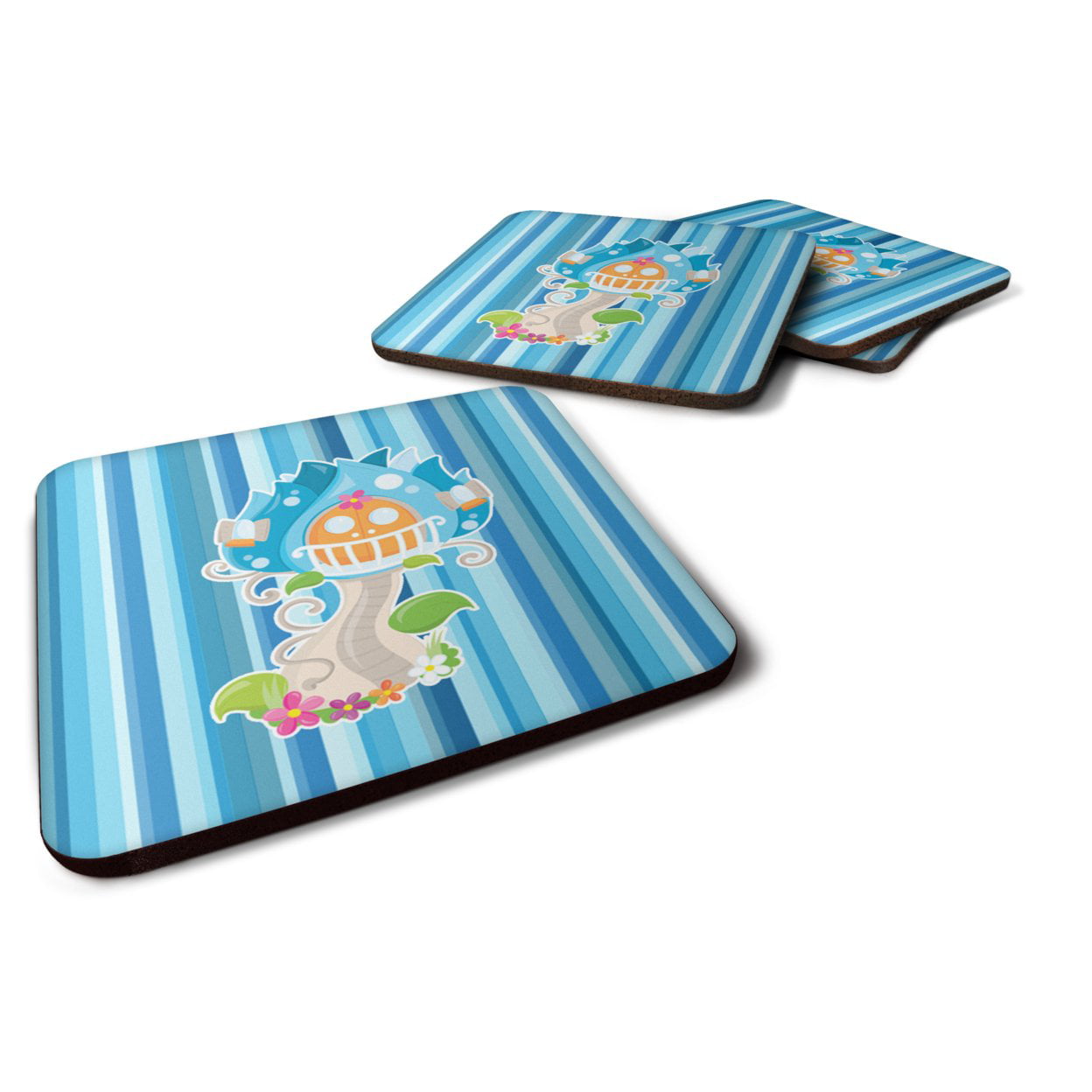 Fairy House Blue Stripes Foam Coasters - Set of 4