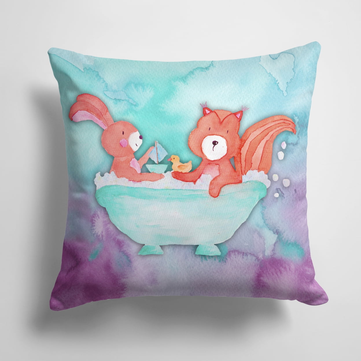 Rabbit & Squirrel Bathing Watercolor Fabric Decorative Pillow