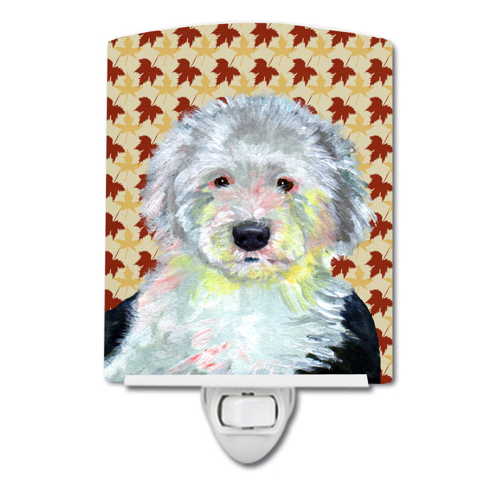 LH9126CNL Old English Sheepdog Fall Leaves Portrait Ceramic Night Light