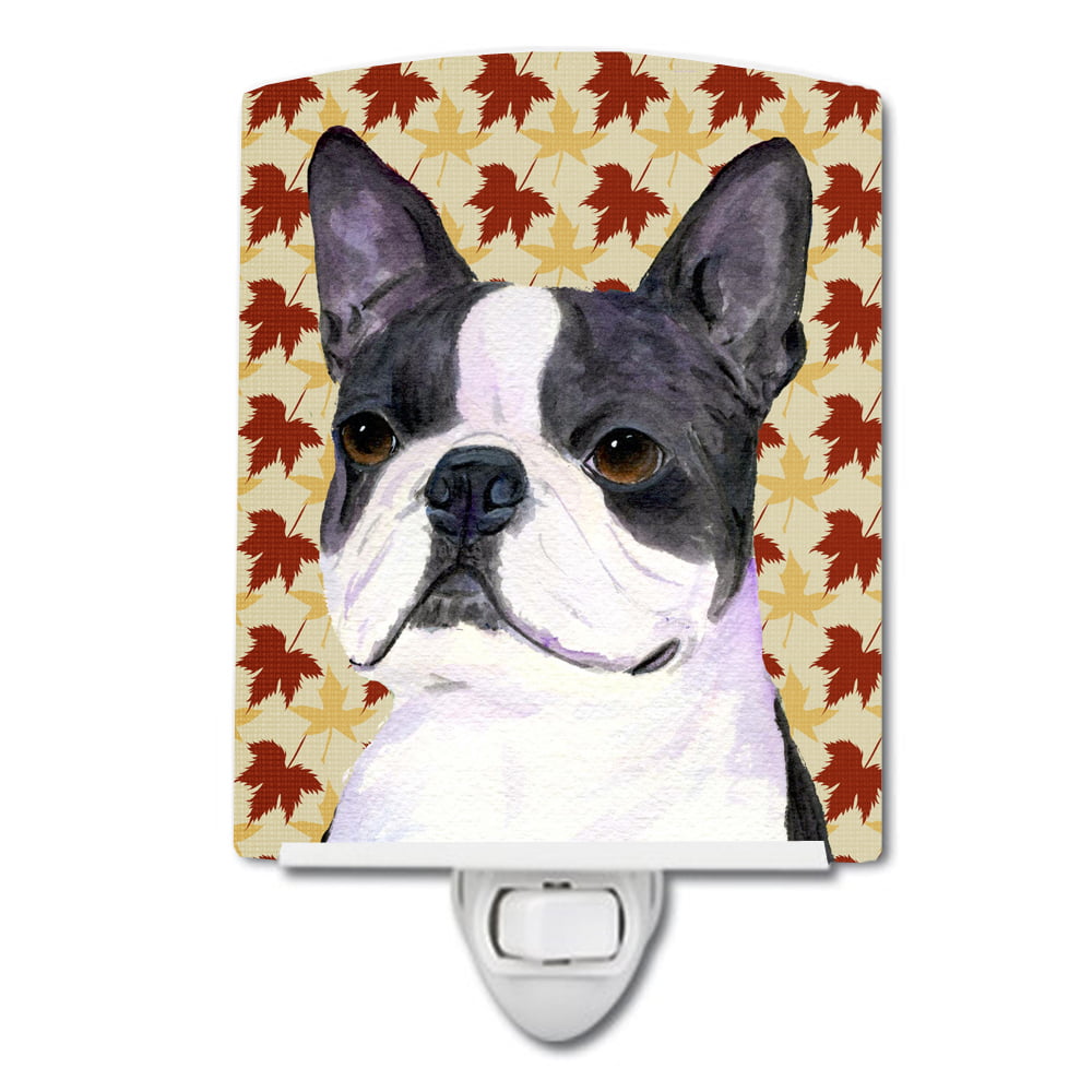 Boston Terrier Fall Leaves Portrait Ceramic Night Light