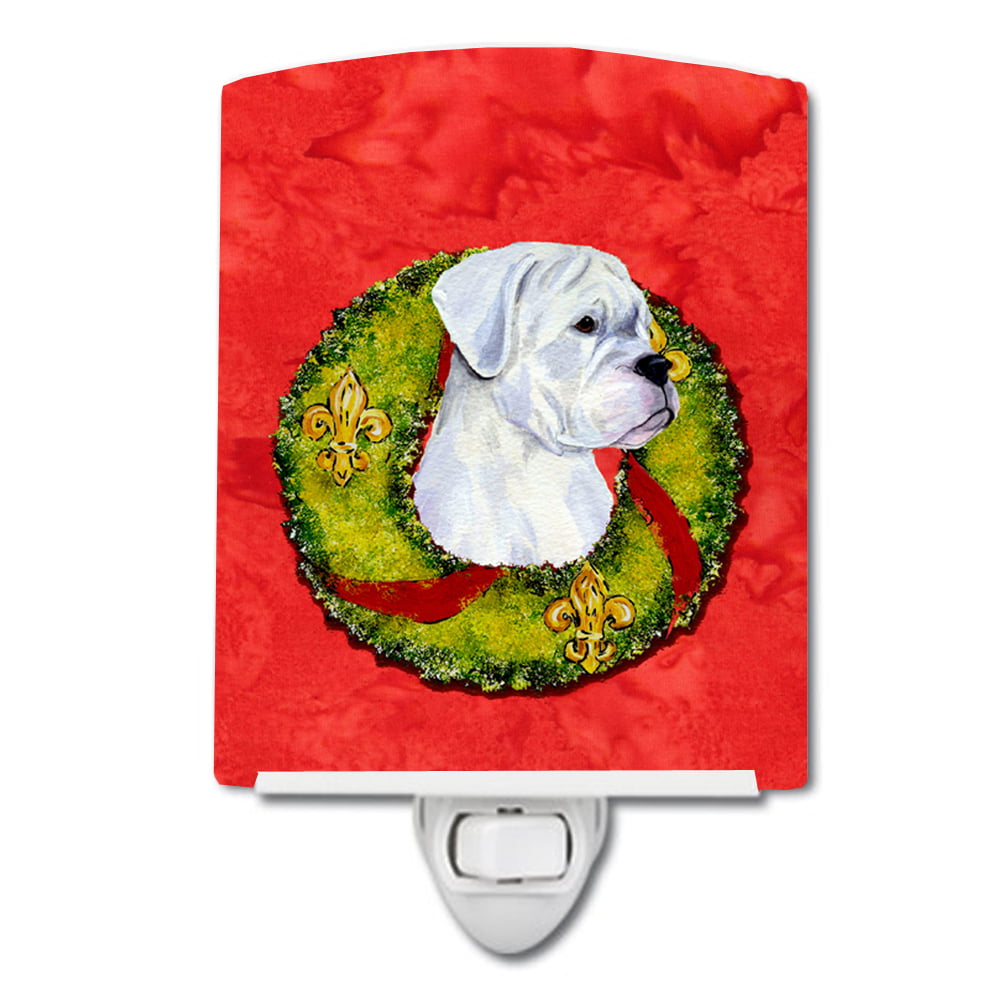 White Boxer Cristmas Wreath Ceramic Night Light