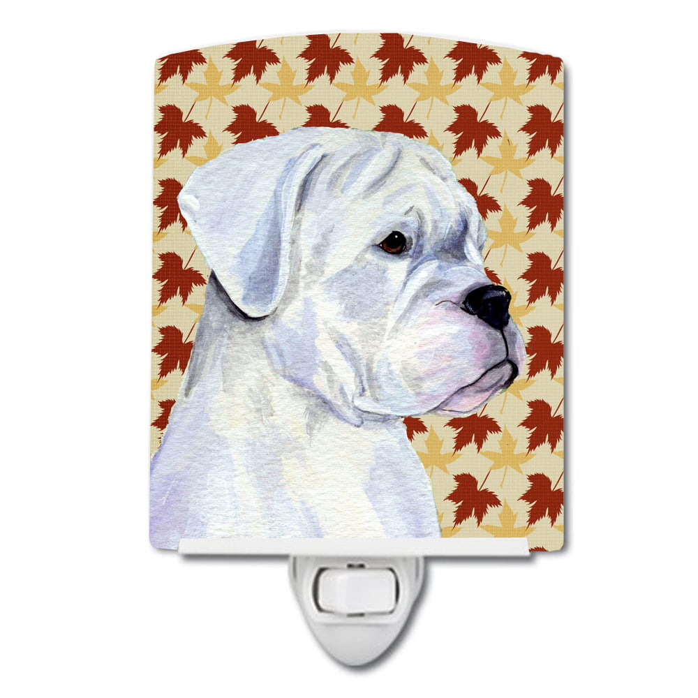 Boxer White Fall Leaves Portrait Ceramic Night Light