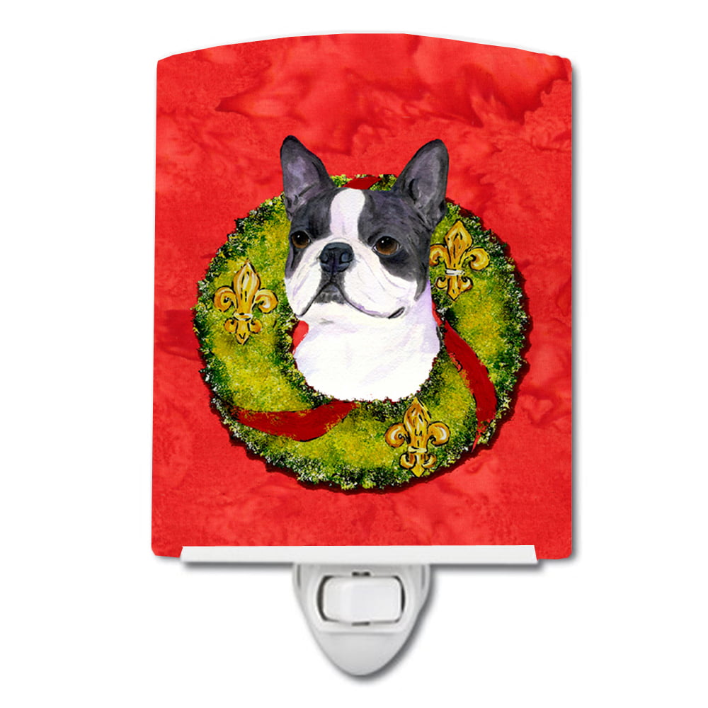 Boston Terrier Cristmas Wreath Ceramic Night Light