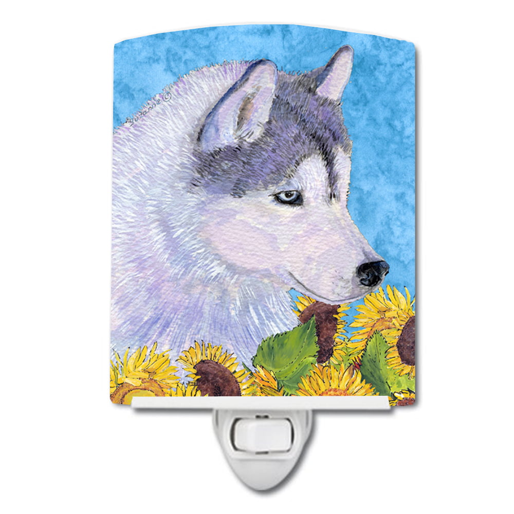 Siberian Husky in Summer Flowers Ceramic Night Light