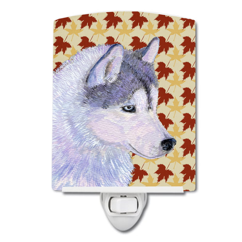 Siberian Husky Fall Leaves Portrait Ceramic Night Light