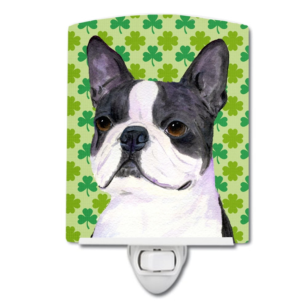 Boston Terrier St. Patricks Day Shamrock Portrait Ceramic Night Light