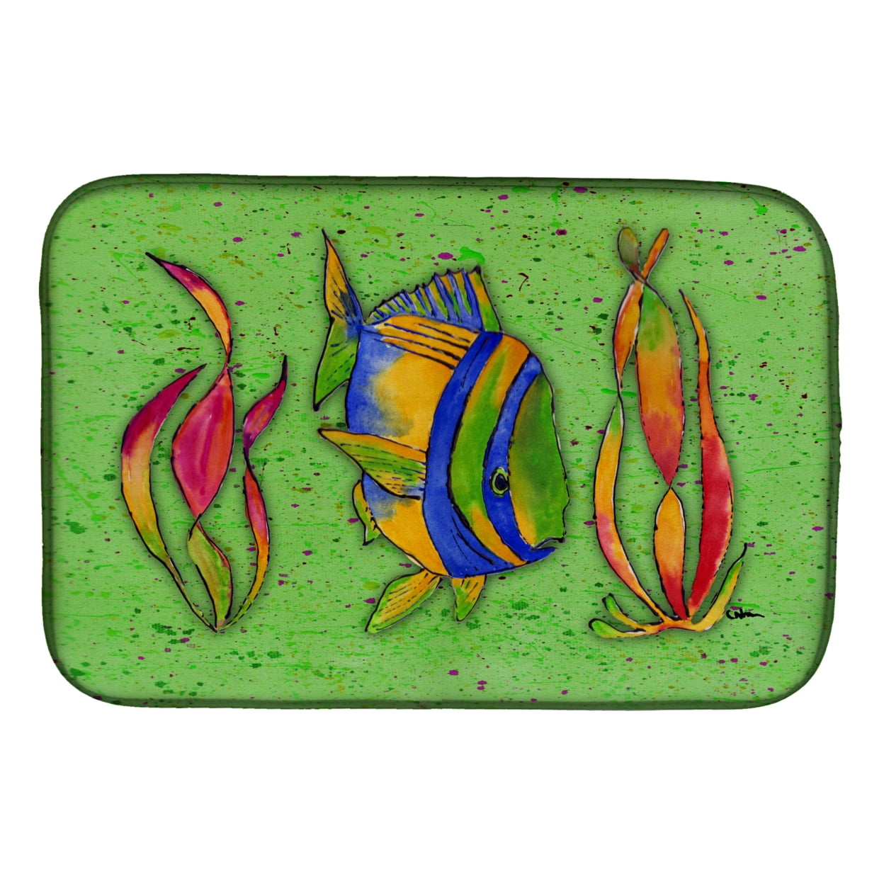 Tropical Fish on Green Dish Drying Mat