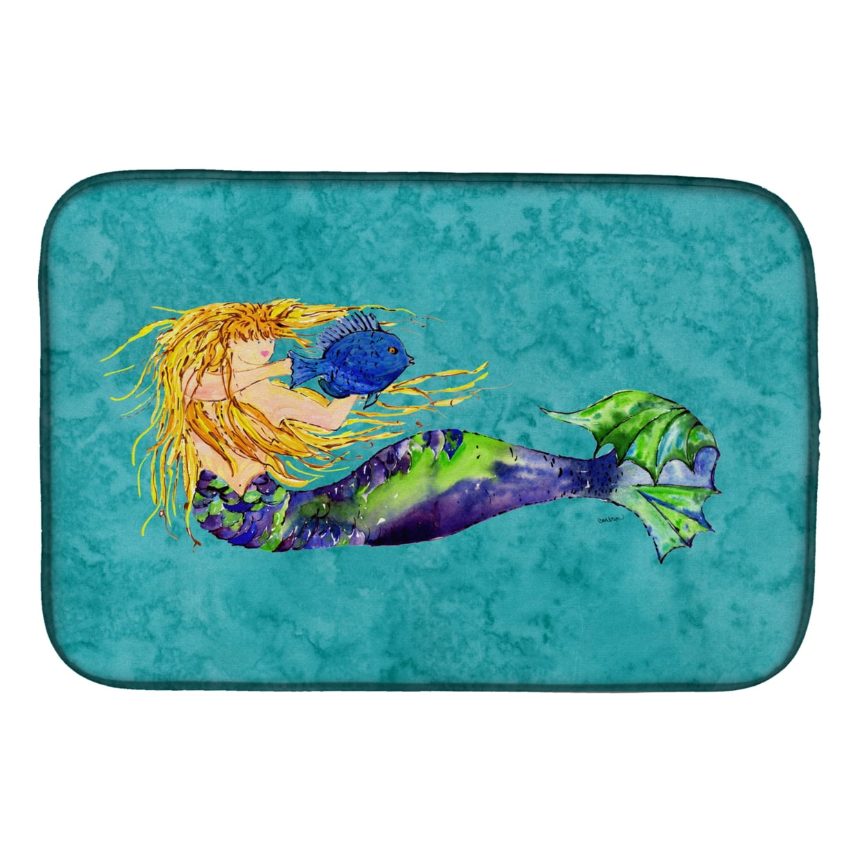 Blonde Mermaid on Teal Dish Drying Mat