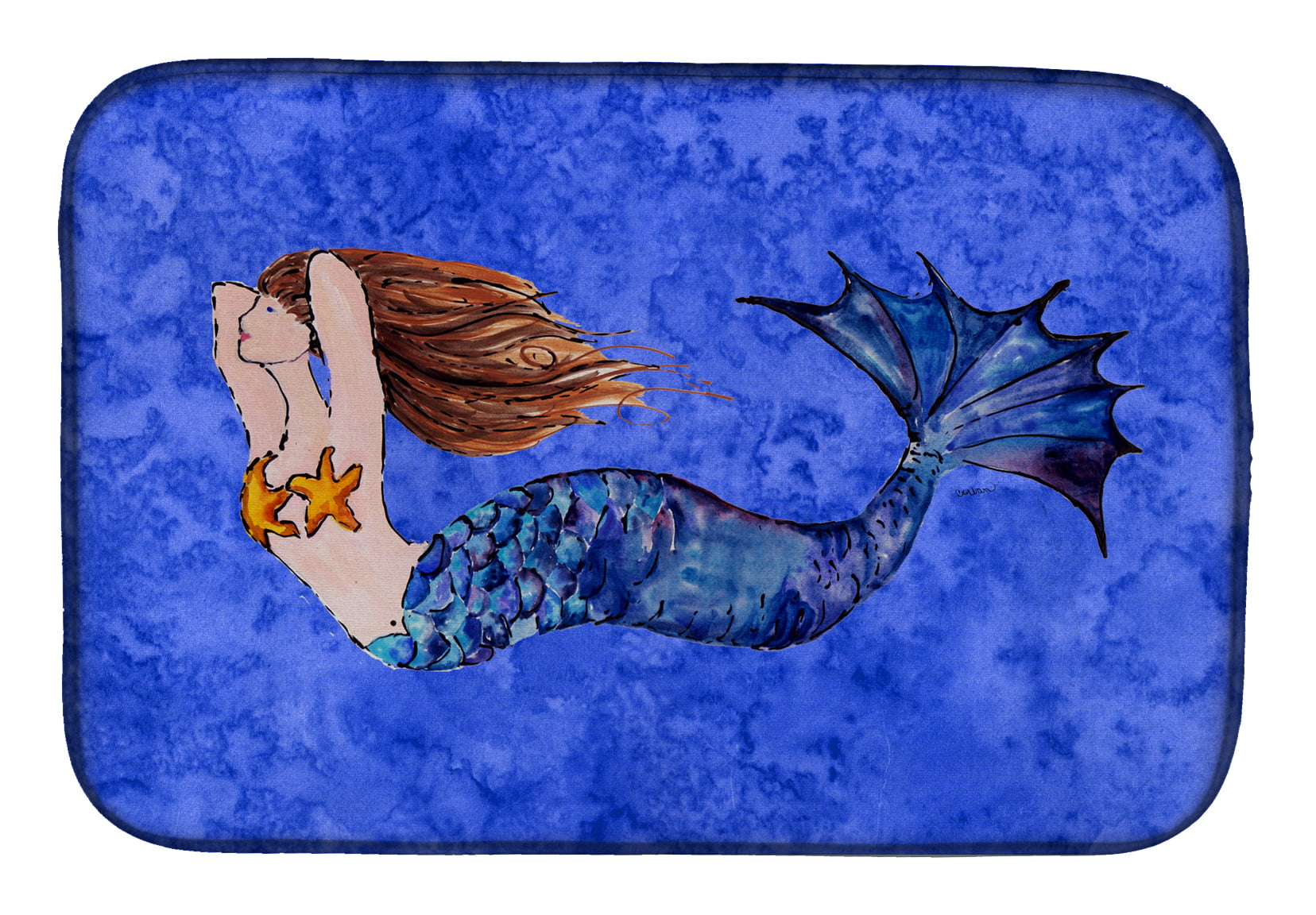 Brunette Mermaid on Blue Dish Drying Mat
