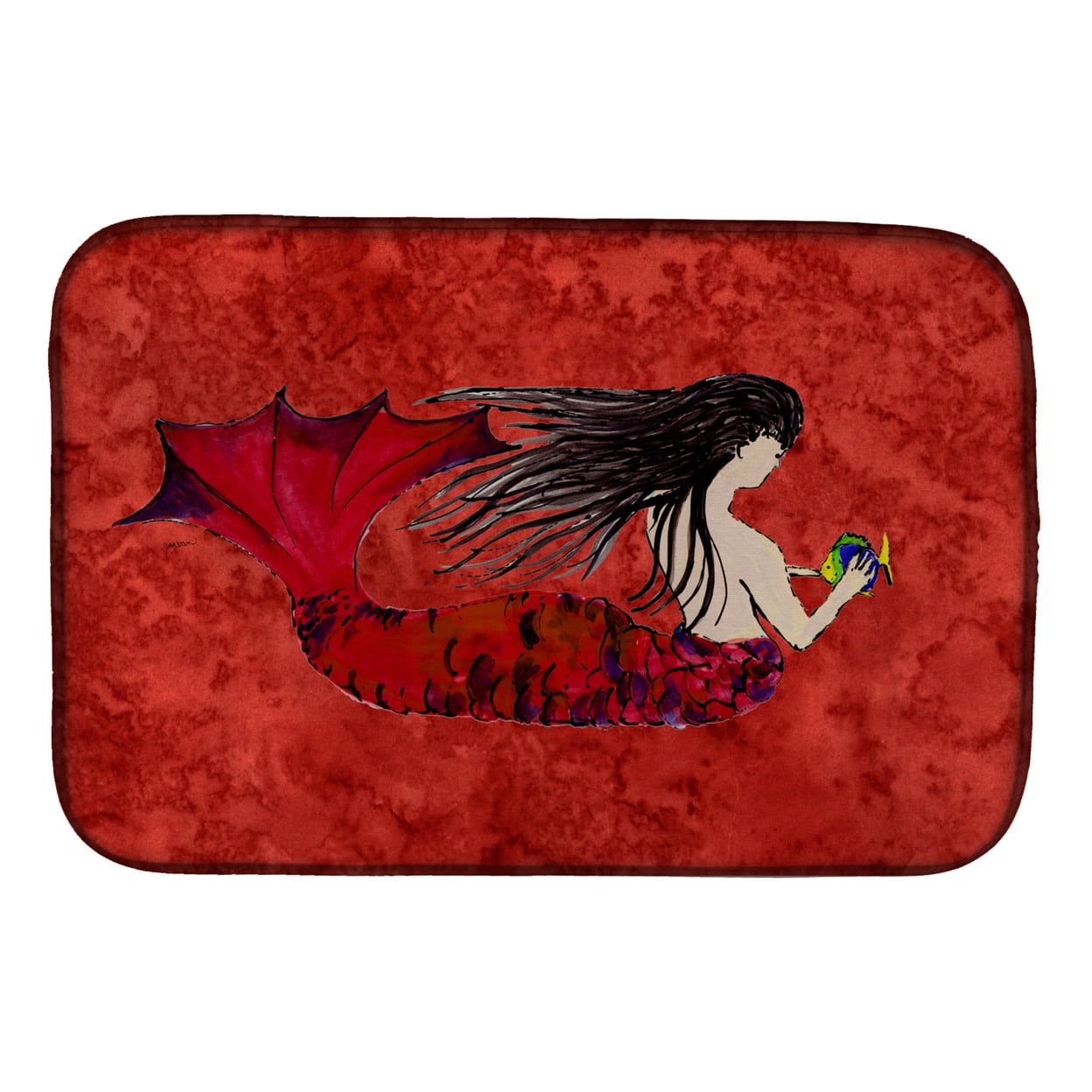 Black Haired Mermaid on Red Dish Drying Mat